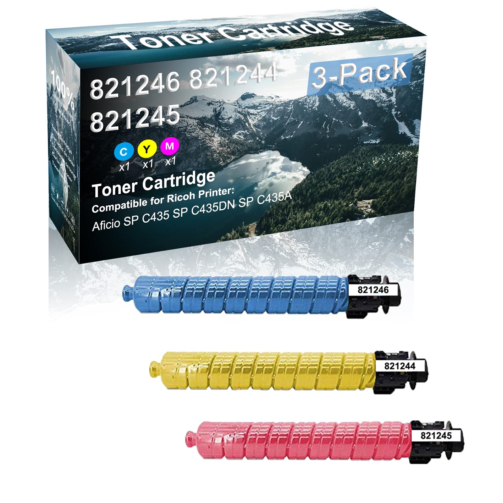 3 Pack (Cyan + Yellow + Magenta) High Yield Compatible 821246 821244 821245 Laser Toner Cartridge for Ricoh Aficio SP C435 SP C435DN SP C435A Printer - Perfect for Office Printing, Document Reproduction & High-Volume Color Printing Needs