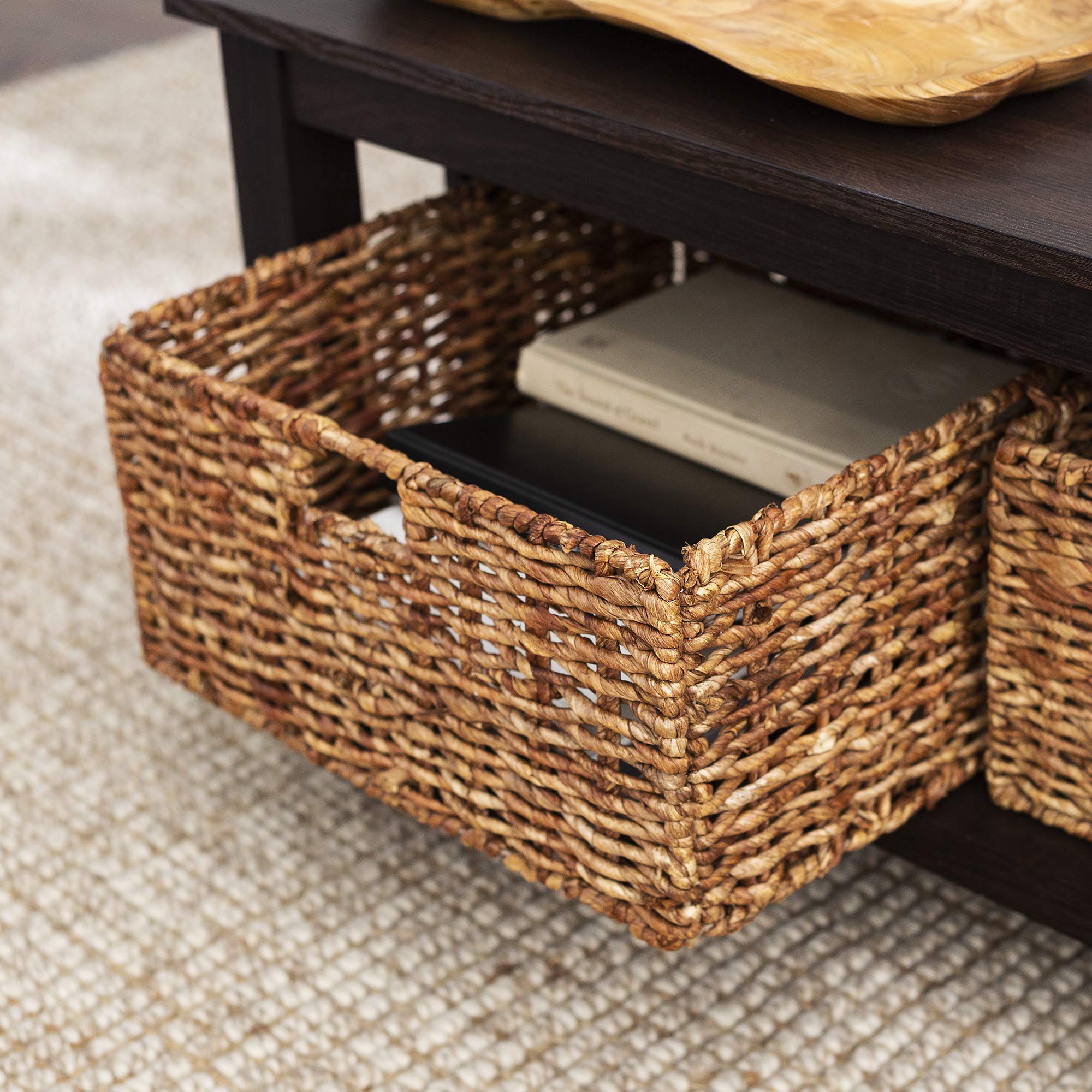 Walker Edison Alayna Mission Style Two-Tier Coffee Table with Rattan Storage Baskets - 40 Inch Espresso Finish - Perfect for Living Room, Lounge & Home Decor
