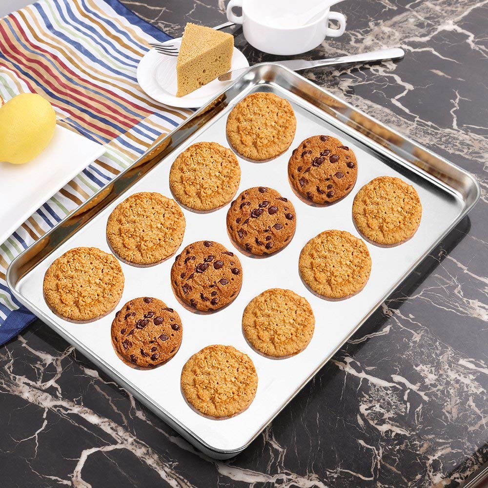 Wildone Stainless Steel Baking Sheet Set of 3 - 9/12/16 Inch Non-Toxic Cookie Sheets | Heavy Duty & Easy Clean Baking Pans for Cookies, Roasting Veggies & Meal Prep