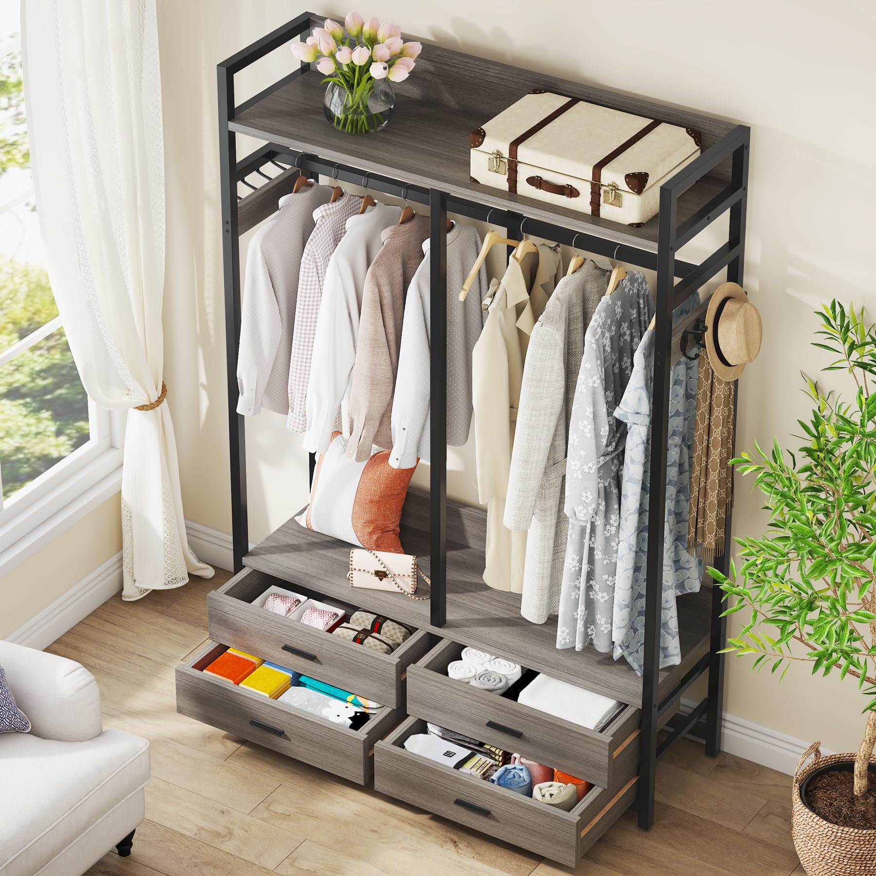 Tribesigns Heavy Duty Freestanding Closet Organizer - 4 Drawers, 8 Hooks & Storage Shelves Garment Rack for Hanging Clothes | Wardrobe Storage Solution for Bedroom, Living Room & Walk-In Closets | Space-Saving Grey Clothing Rack for Home Organization