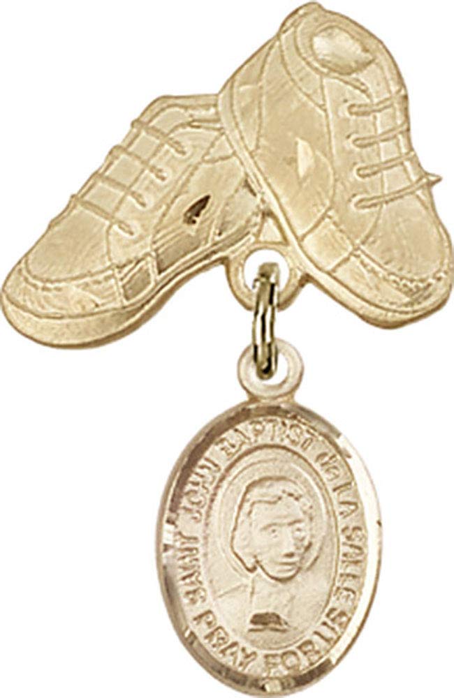 Gold Filled Baby Badge with St. John Baptist de la Salle Charm & Baby Boots Pin | Handmade in USA | Perfect for Christening, Baptism Gifts & Newborn Keepsakes