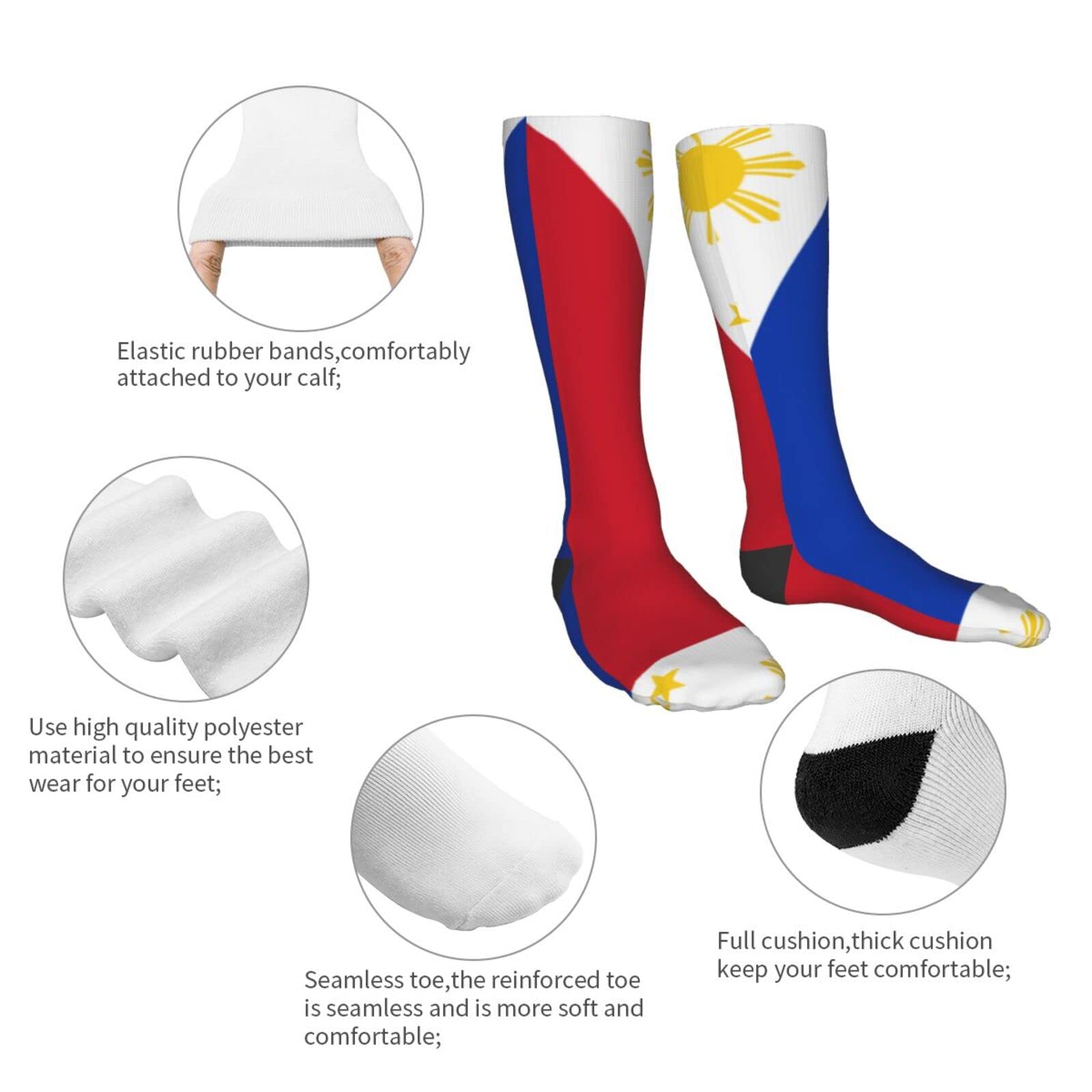 Philippines Flag Knee High Socks - Long Tube Sports Socks for Women & Men | Patriotic Athletic Socks for Running, Hiking & National Pride