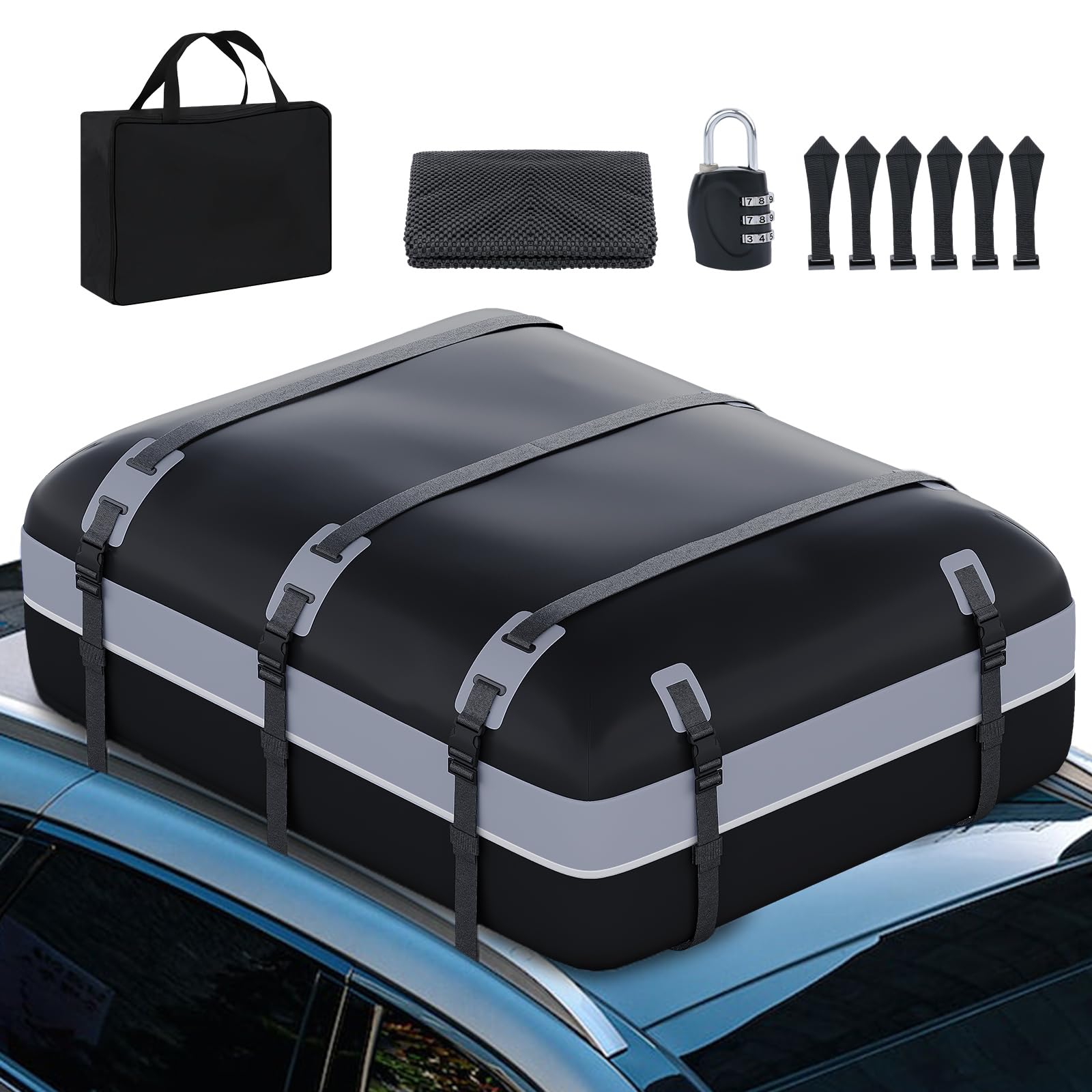 Waterproof Soft Roof Top Cargo Bag Carrier for Cars, SUVs & Trucks - 21 Cubic Feet Storage with Anti-Slip Mat, Luggage Lock & Door Hooks | Perfect for Road Trips, Camping Gear & Extra Luggage (Gray-Black)