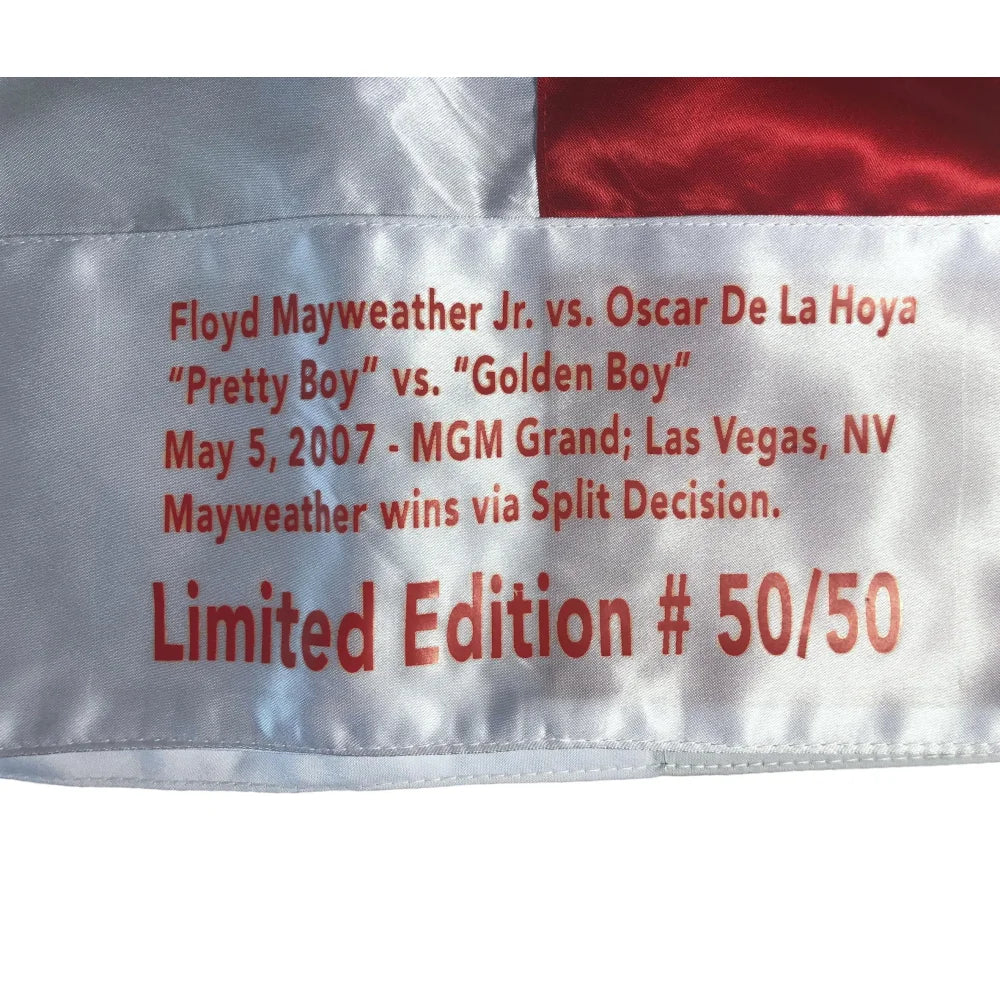 Floyd Mayweather Jr vs. Oscar De La Hoya Signed Boxing Trunks - Limited Edition 50/50 with JSA COA & Fight Stats - Perfect for Boxing Memorabilia Collectors and Sports Fans Display