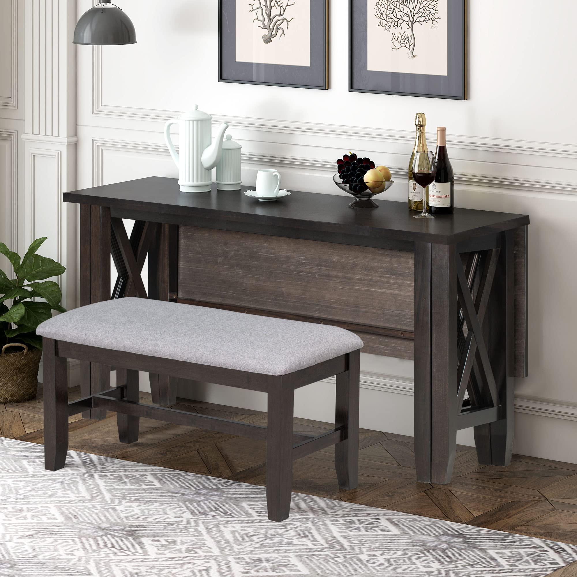 Harper & Bright Designs 6-Piece Rustic Dining Table Set - Wood Folding Dinette Table with 4 Upholstered Chairs & Bench, Espresso Finish - Perfect for Small Kitchen, Breakfast Nook or Apartment Dining Space (Seats 6)