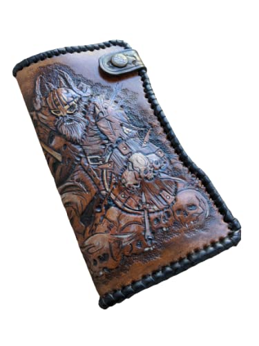 Viking Warriors 3D Genuine Leather Wallet for Men - Odin, Axe, Rune & Skull Design - Handmade Biker Wallet with Airbrush Art - Custom Long Leather Wallet - Perfect for Motorcycle Riders, Collectors & Gift Giving