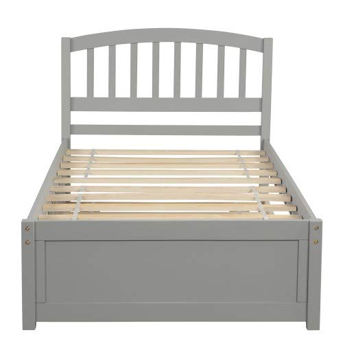 Twin Size Wooden Platform Bed Frame with Trundle - Solid Wood Support, Modern Gray Finish | Perfect for Small Bedrooms, Guest Rooms & Kids' Rooms