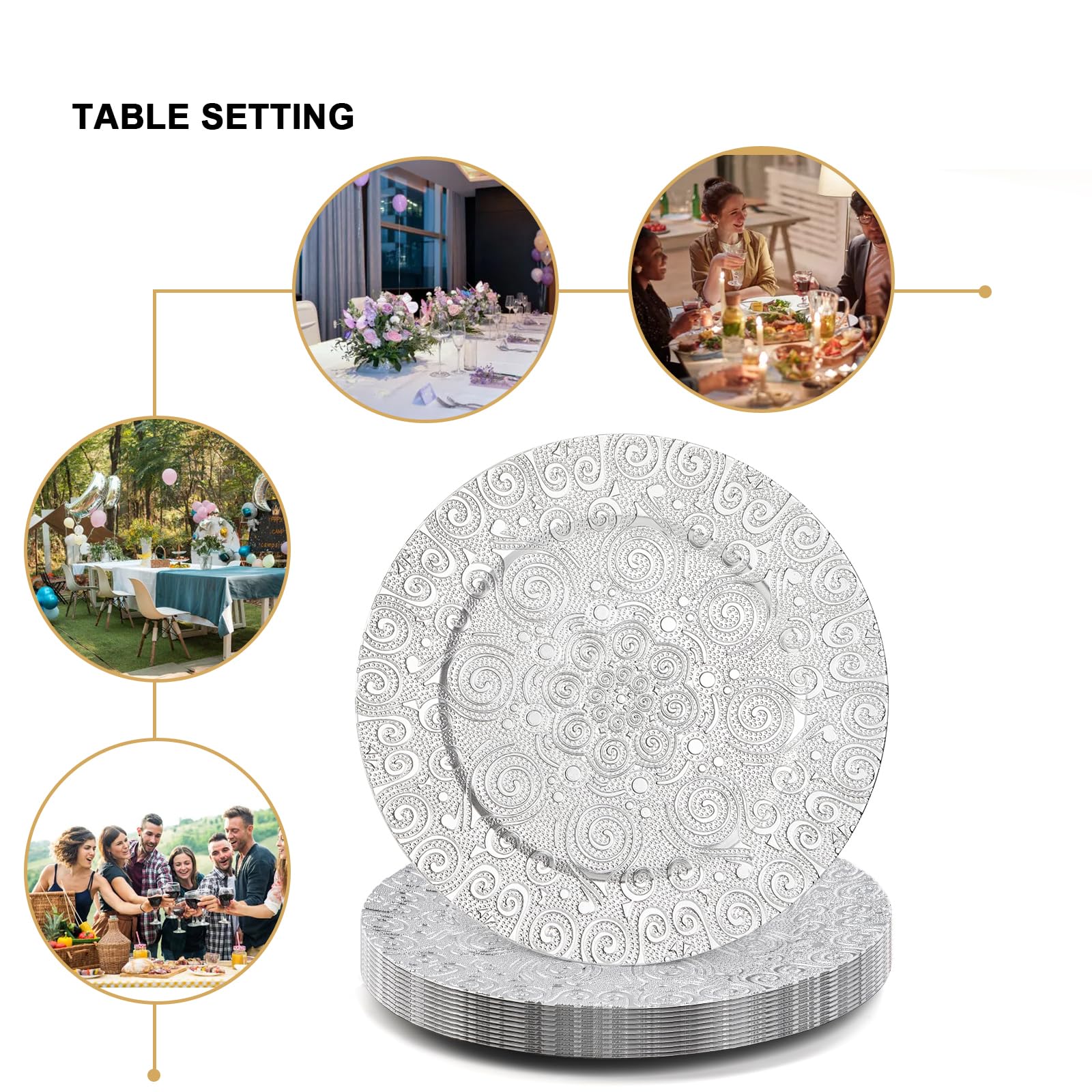 SOUJOY 12 Pack 13 Inch Silver Plastic Charger Plates - Elegant Round Phoenix Pattern Serving Dishes for Weddings, Parties, Anniversaries & Thanksgiving - Perfect for Formal Dining, Buffet Settings & Holiday Decor