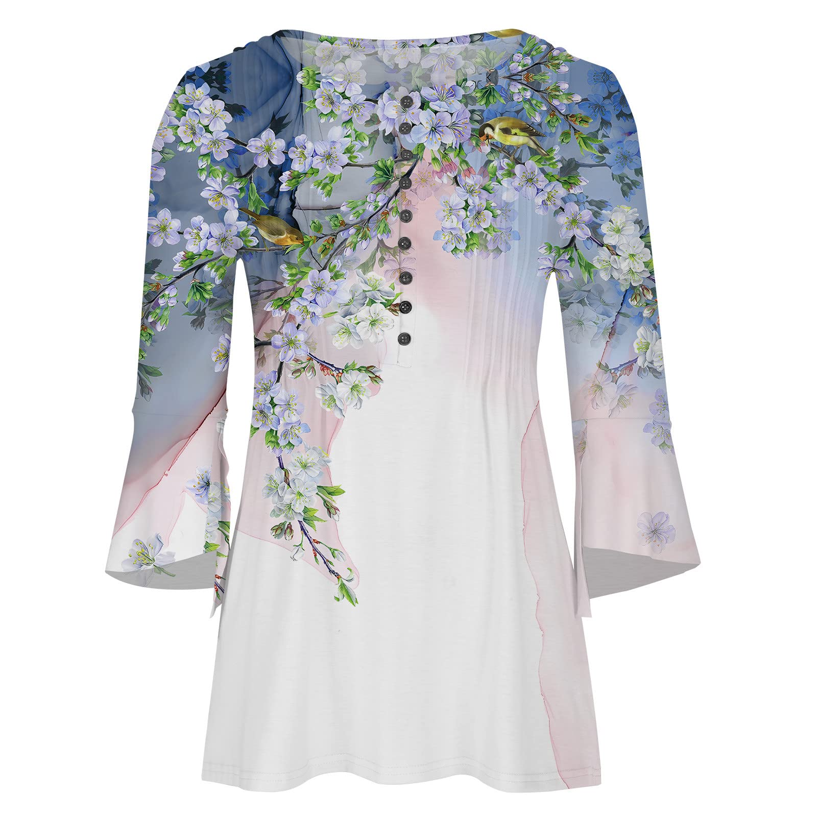 Trendy Women's Summer Tops - 3/4 Sleeve V-Neck Button Up Blouses with Floral Pleated Design for Casual Wear, Office & Outdoor Activities