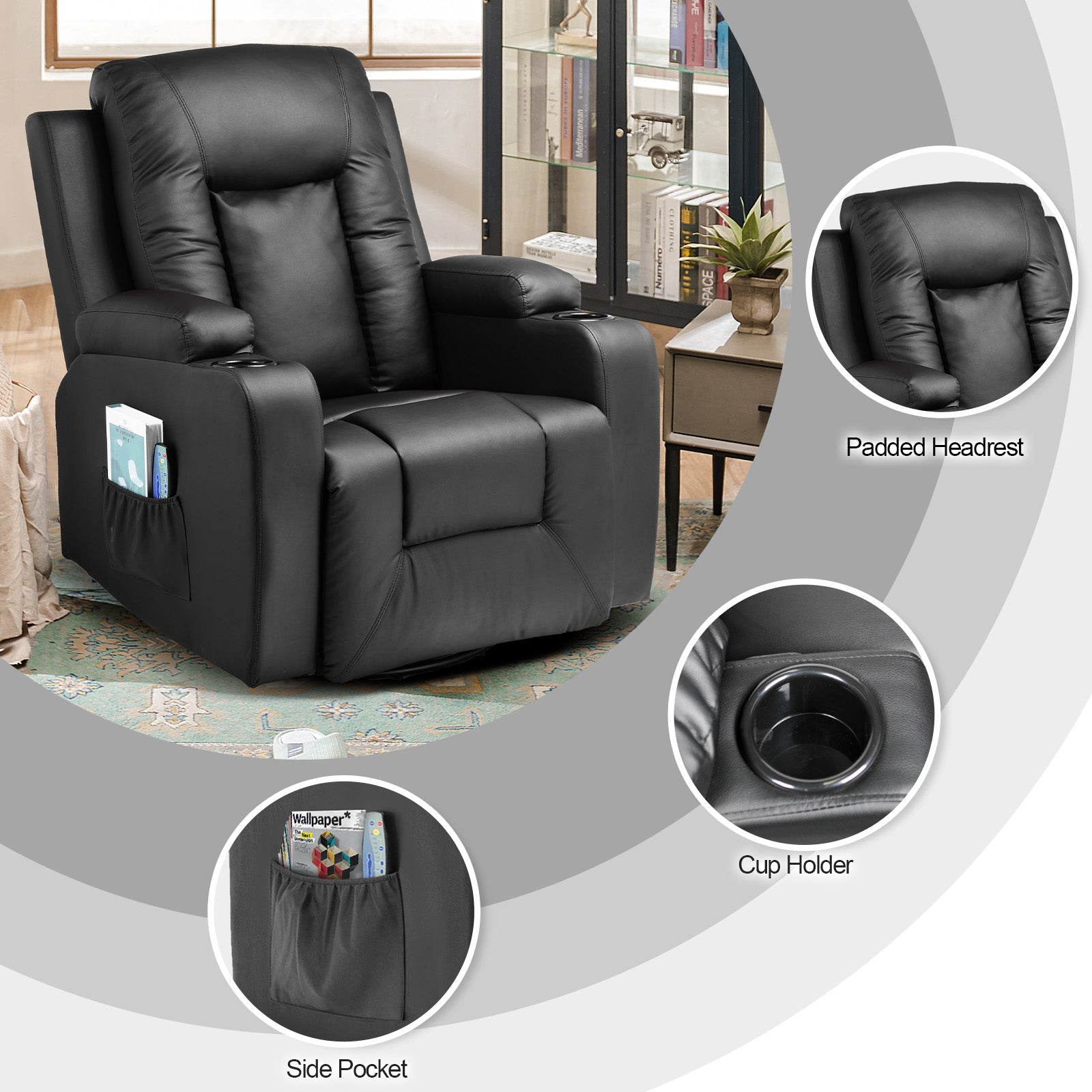 COMHOMA PU Leather Recliner Chair with Heat and Massage - Swivel Rocking Chair for Adults, Single Sofa Seat with Cup Holders & Side Pockets - Perfect for Living Room, Bedroom, Home Theater & Relaxation (Black)