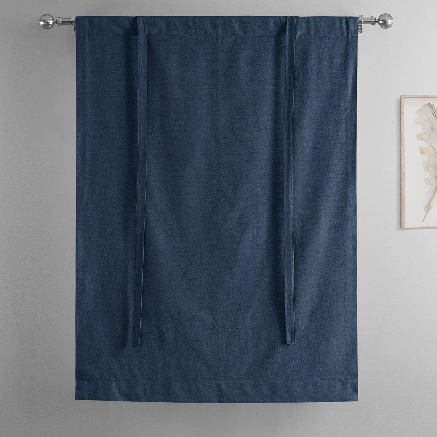 Noble Navy Dune Textured Solid Cotton Blackout Tie-Up Window Shade for Bedroom & Living Room - Light Blocking Curtain Panel for Home Decor