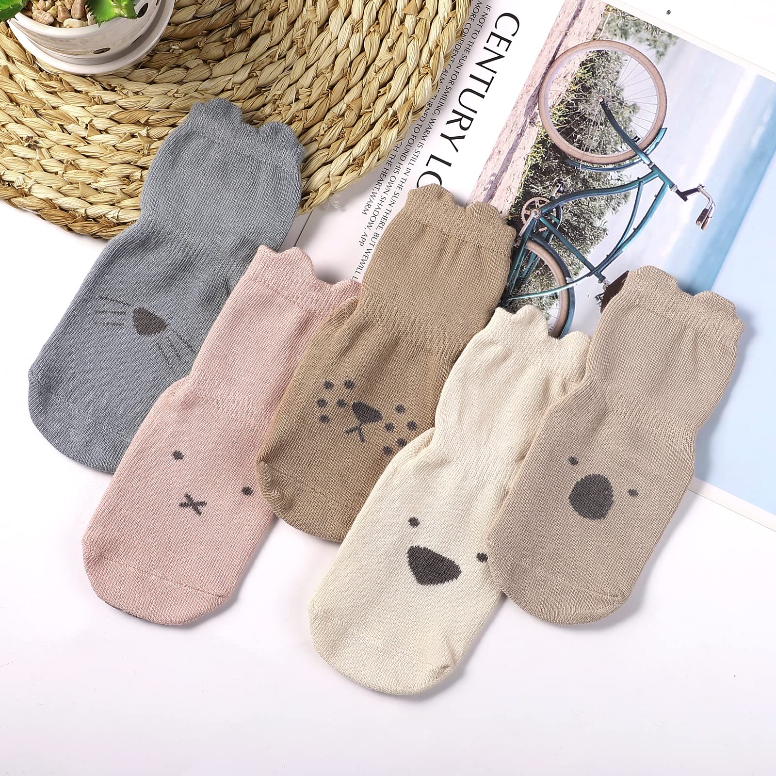 Auranso Baby Socks 5 Pairs - Non-Slip Grip Cotton Socks for Boys & Girls (6-18 Months) | Cute Cartoon Animal Pattern Toddler Socks | UK Size 1-9.5 | Perfect for Crawling, Playtime & Everyday Wear