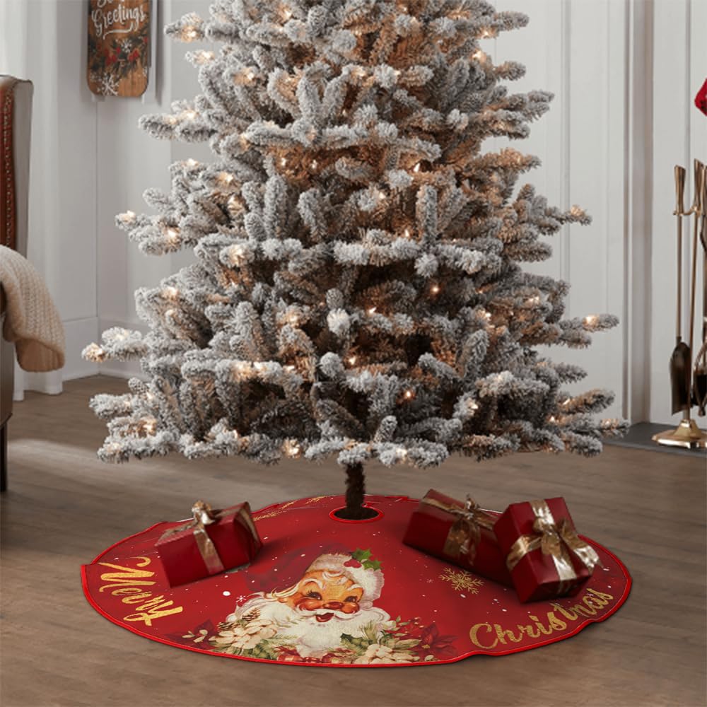 Red and Gold Christmas Tree Skirt with Santa Claus & Snowflake Pattern - 48 Inch Holiday Decor for Indoor/Outdoor Xmas Party, Home, Church & Office Decorations | Perfect for Christmas Tree Base, Festive Gatherings & Seasonal Photo Backdrops