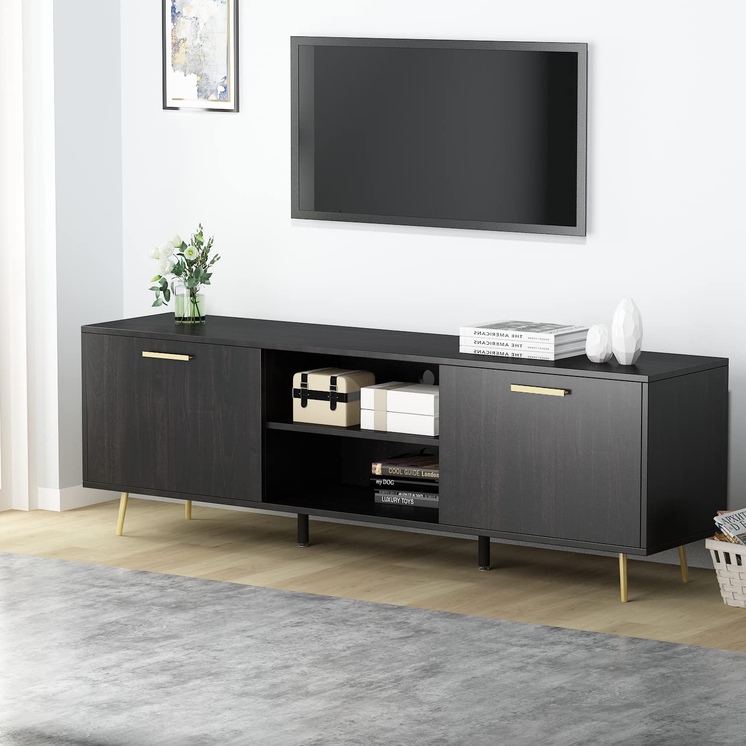 FUFU&GAGA 65 Inch TV Stand - Modern Wood & Metal Legs Entertainment Center with 2 Storage Cabinets & 2 Open Shelves - Universal Media Console for Living Room, Home Theater & Gaming Setup (Black-Brown)