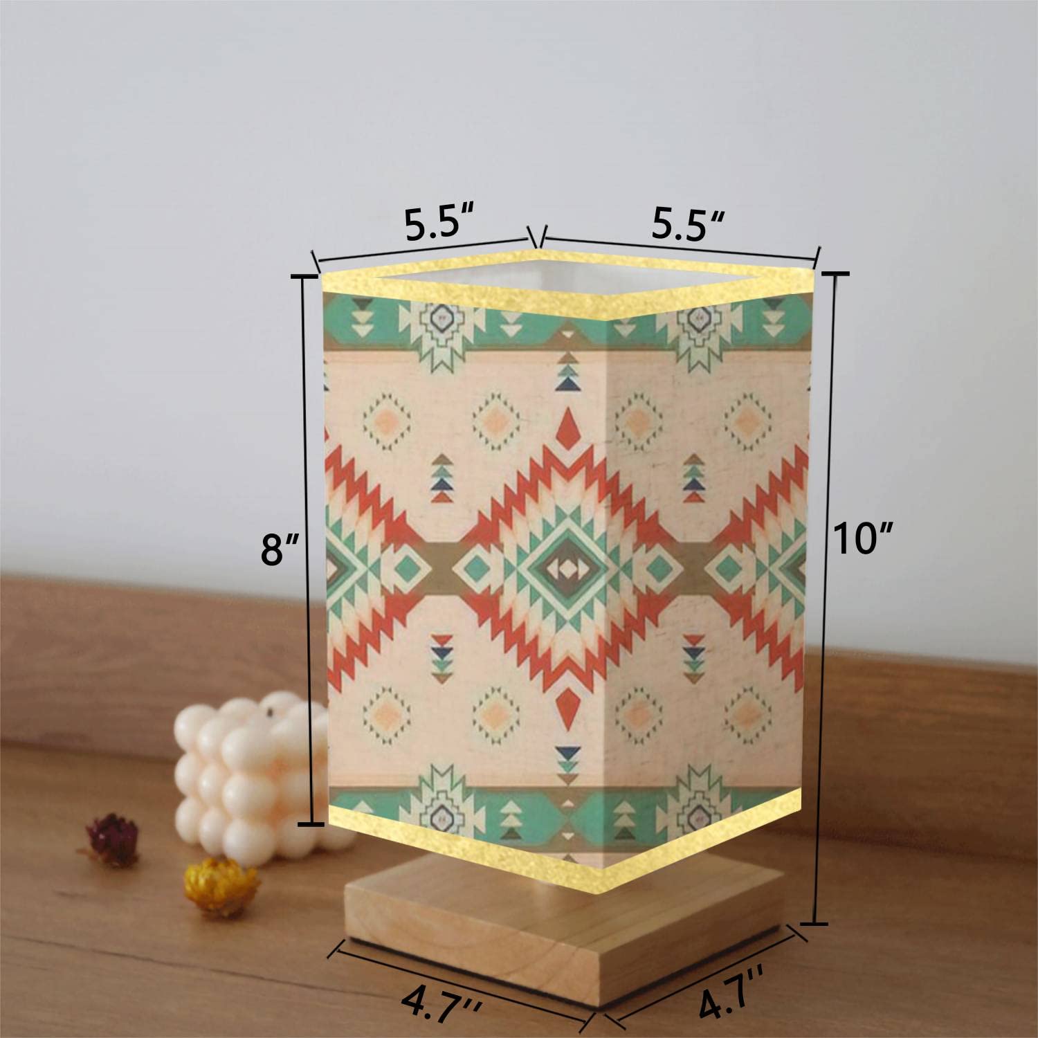 Handcrafted Native American Southwest Navajo Tribal Geometric Print Wooden Table Lamp with Flaxen Fabric Shade - Dimmable Nightstand & Desk Lamp for Bedroom, Living Room | Perfect for Southwest Decor, Cozy Reading Nook & Ambient Lighting