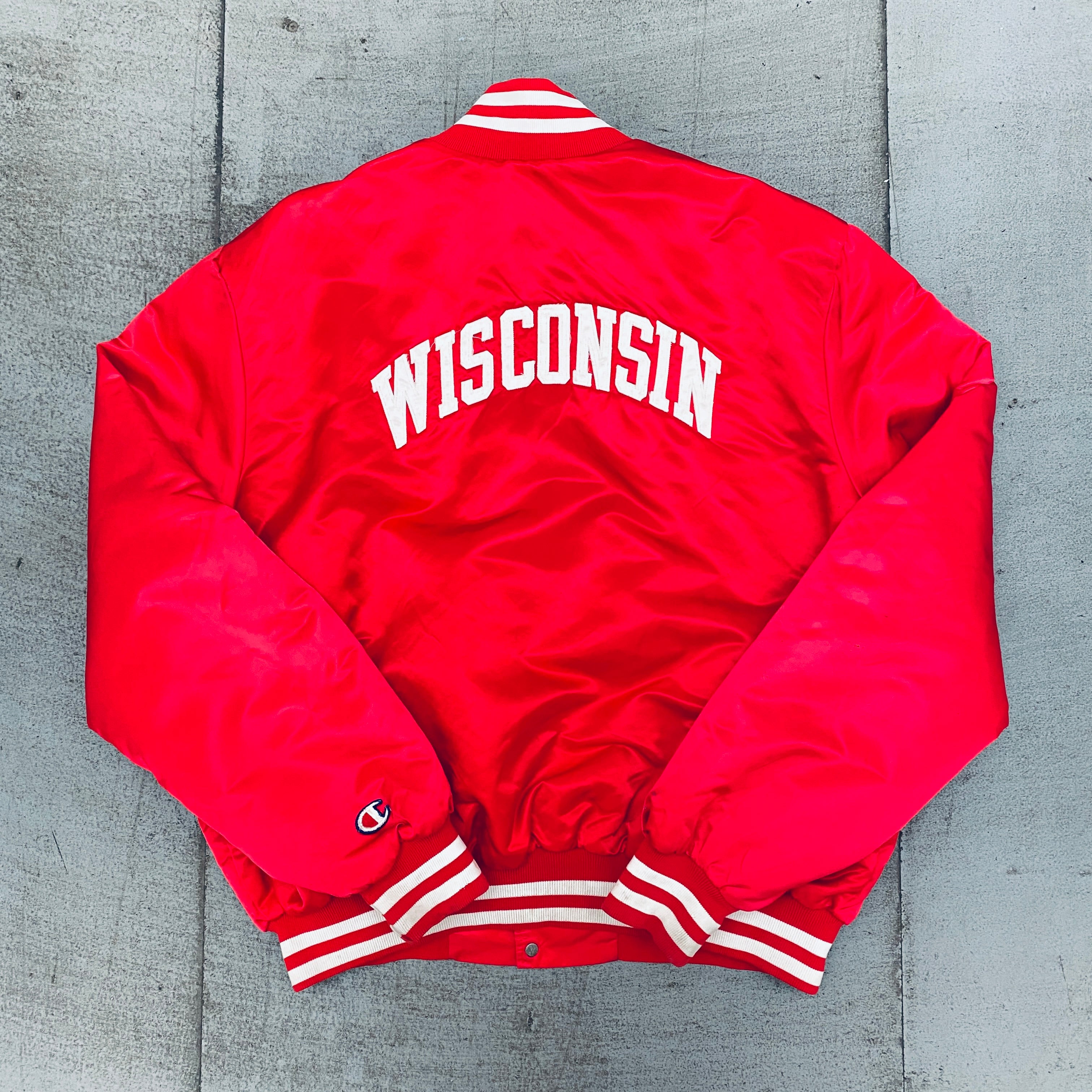 1990s Wisconsin Badgers Champion Satin Stitched Reverse Spellout Bomber Jacket - XL/XXL - Vintage College Football Apparel for Fans & Collectors