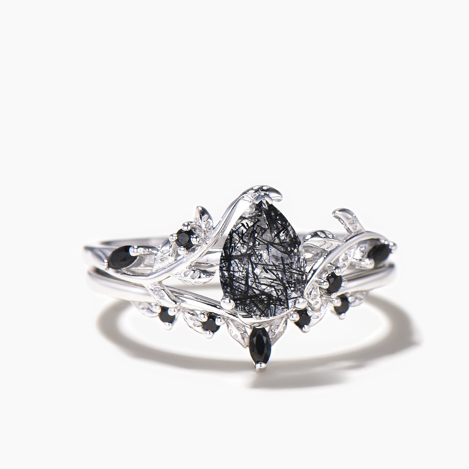 Natural Black Rutilated Quartz Teardrop Ring - Elegant Bridal Jewelry Set for Weddings, Engagements & Special Occasions