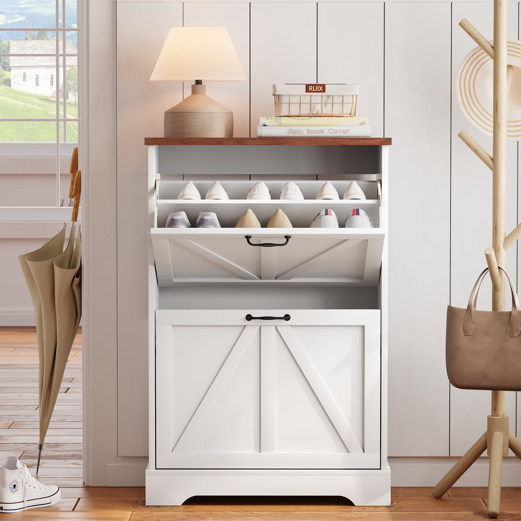 Farmhouse Shoe Cabinet with Barn Door - Rustic Entryway Storage for Small Spaces