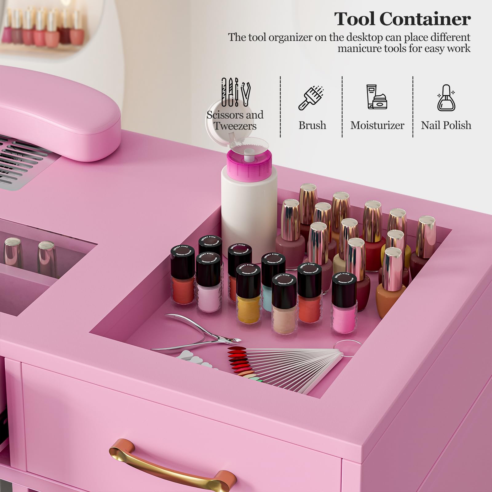 Professional Manicure Table Nail Station for Nail Technicians - Glass Top Nail Table with Electric Dust Collector, 7 Drawers & 3-Tier Shelves - Nail Salon Workstation with Wrist Cushion & Golden Handles (Pink) - Perfect for Nail Salons, Home Studios & Professional Nail Artists