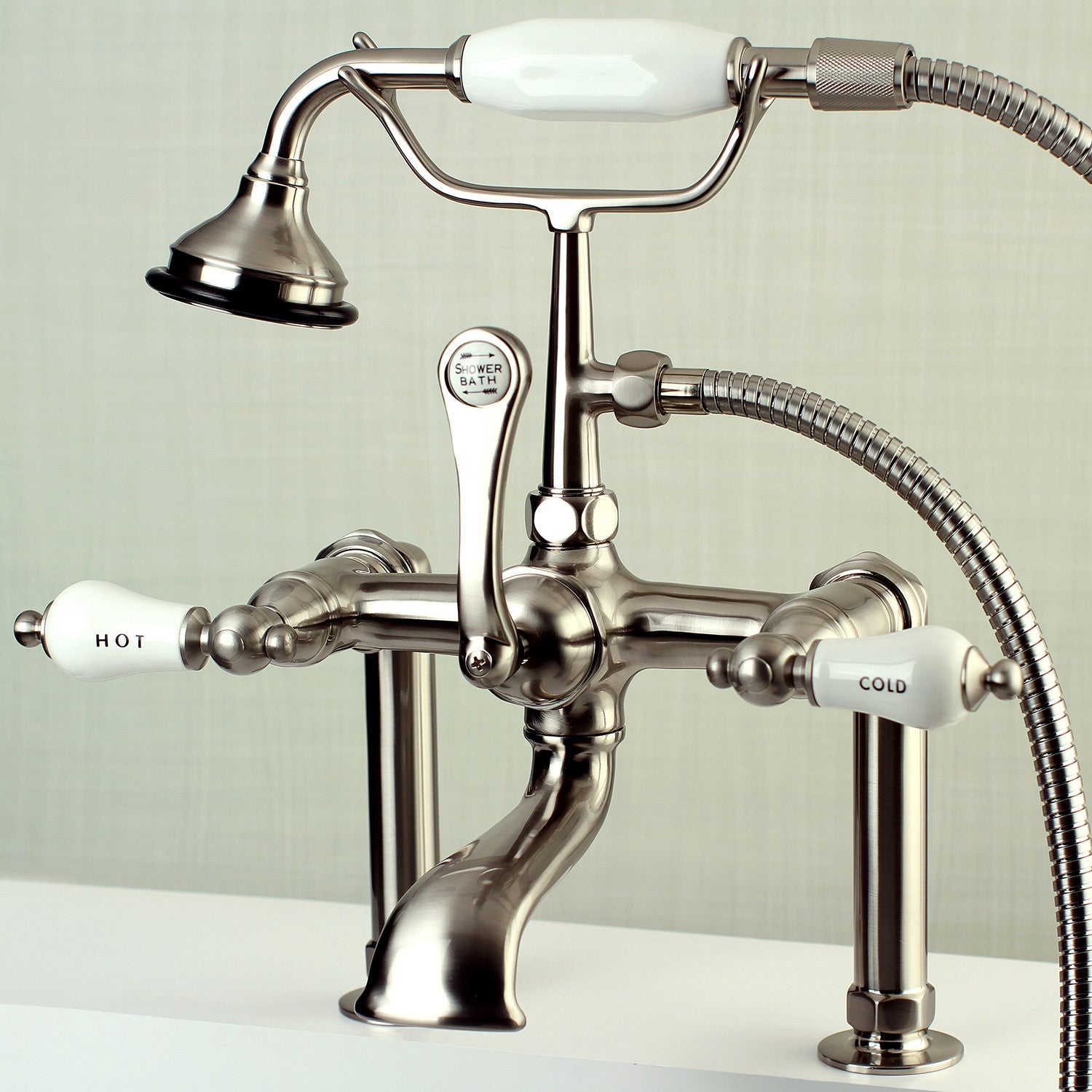 Vintage Clawfoot Tub Faucet with Hand Shower - Brushed Nickel 3-Handle 2-Hole Deck Mount Bathroom Fixture for Antique Style Bathtubs | Perfect for Classic Bathroom Renovations & Spa-Like Showers
