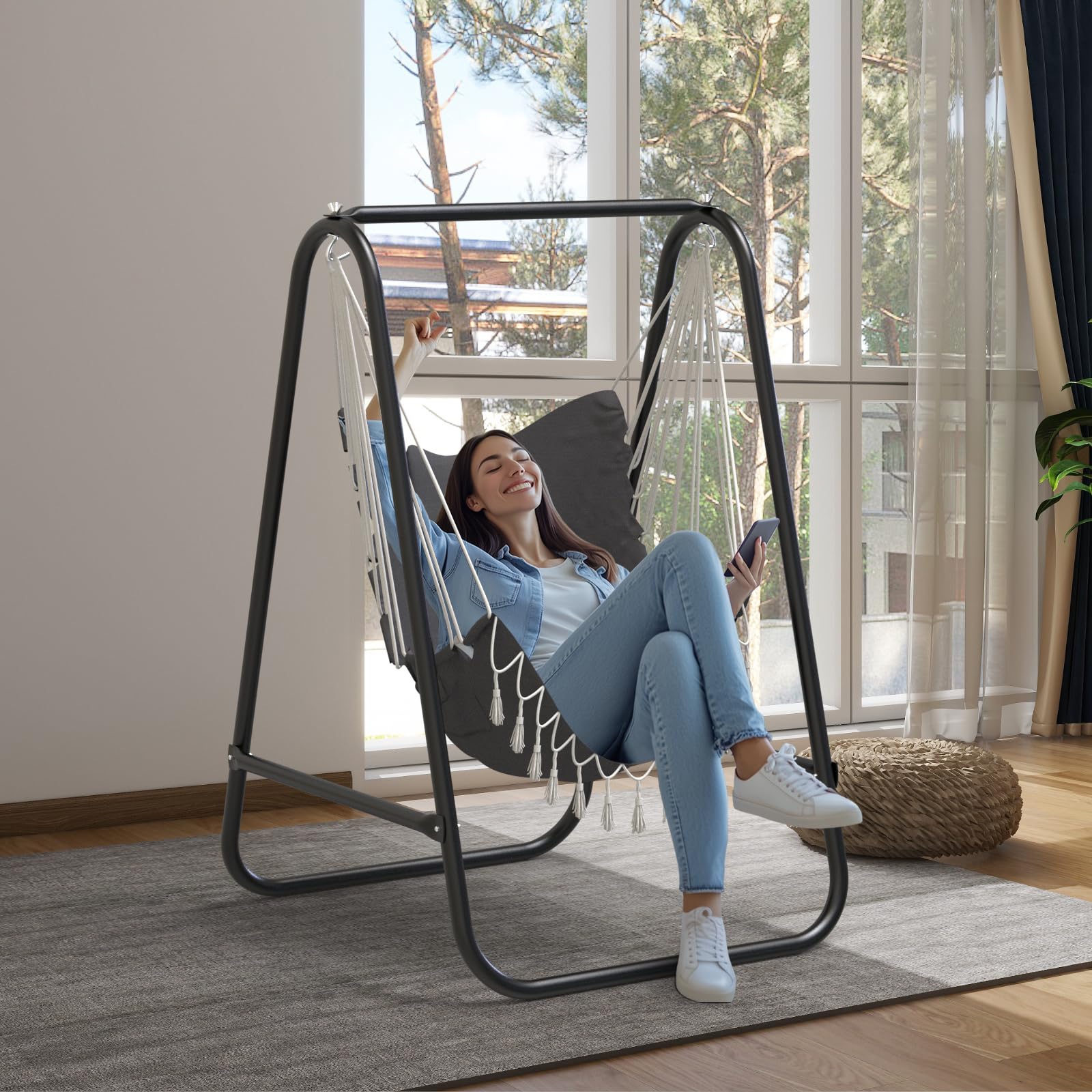 **Heavy Duty A-Shaped Hammock Chair Stand - 500 lbs Weight Capacity - Indoor/Outdoor Swing Stand for Hanging Hammocks (Black) - Perfect for Patio, Backyard, Garden & Relaxation**