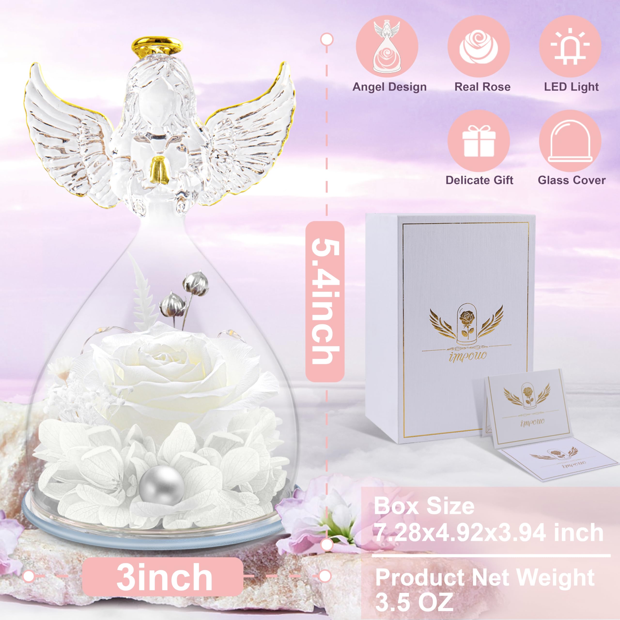 Angel Gifts for Women - Preserved Rose Flower in Glass Angel Figurine with LED Light | Perfect for Mother's Day, Christmas, Thanksgiving, Valentine's Day & Birthday Gifts | Thoughtful Present for Grandma, Mom & Wife | Home Decor, Romantic Gift & Special Occasion Keepsake