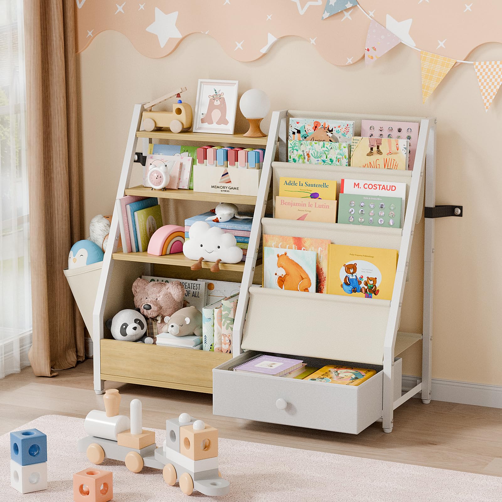 Kids Bookshelf and Toy Storage Organizer - White Wooden Bookcase for Nursery, Toddler Room & Montessori Playroom - Perfect for Organizing Books, Toys & Learning Materials