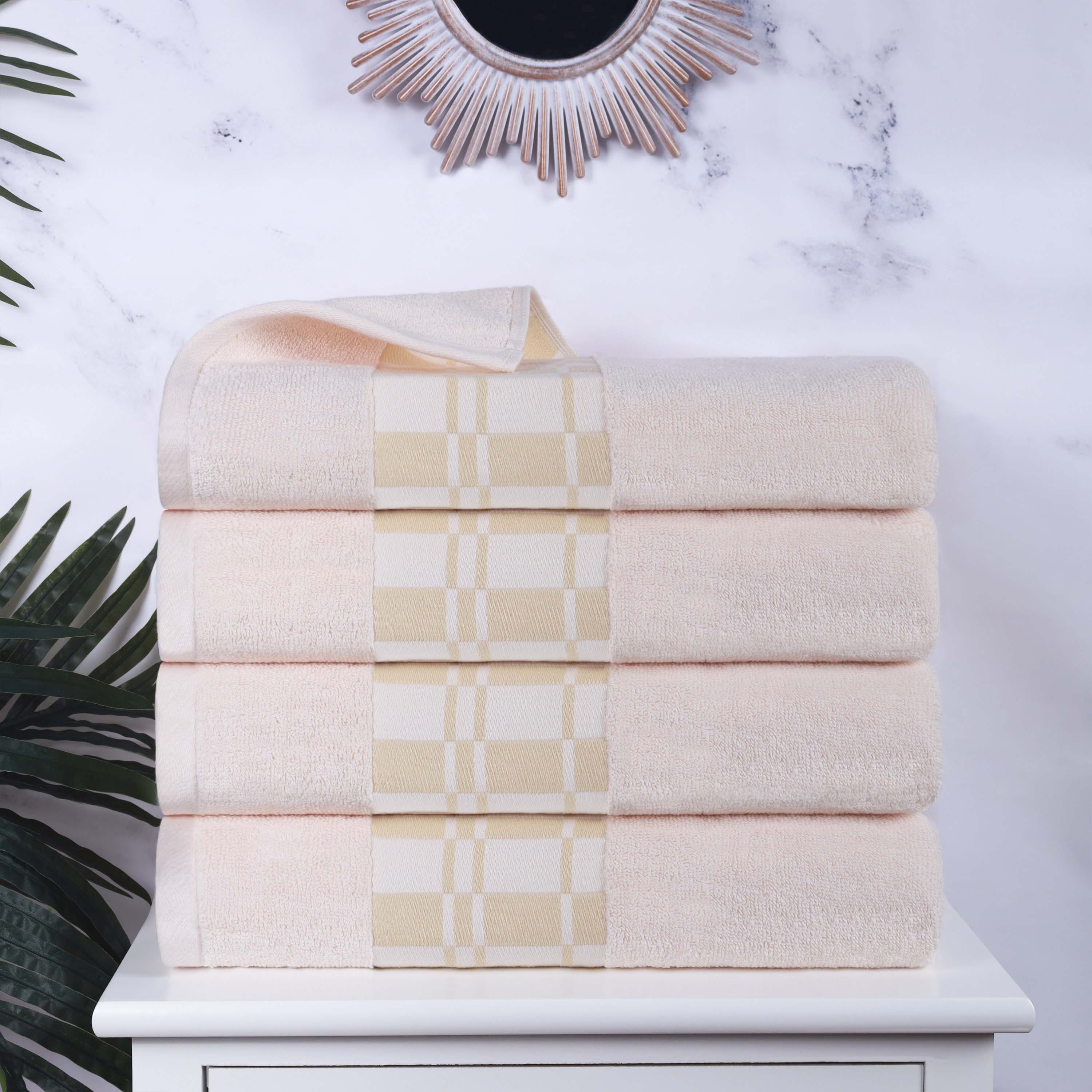 Larissa Cotton Geometric Embroidered Border Bath Towels Set of 4 - Soft Absorbent Quick-Dry Luxury Towels for Spa, Bathroom, Pool & Beach Use