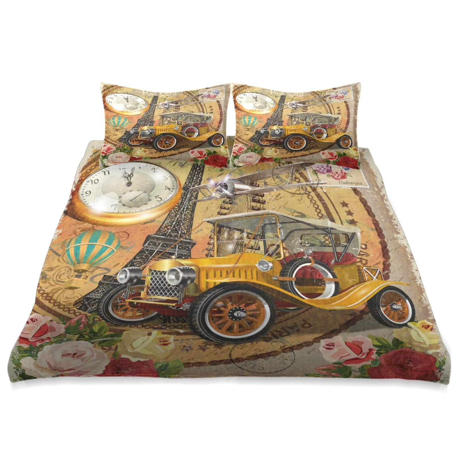 Vintage Paris Eiffel Tower Car Comforter Cover Set - King Size 3-Piece Bedding Set (90