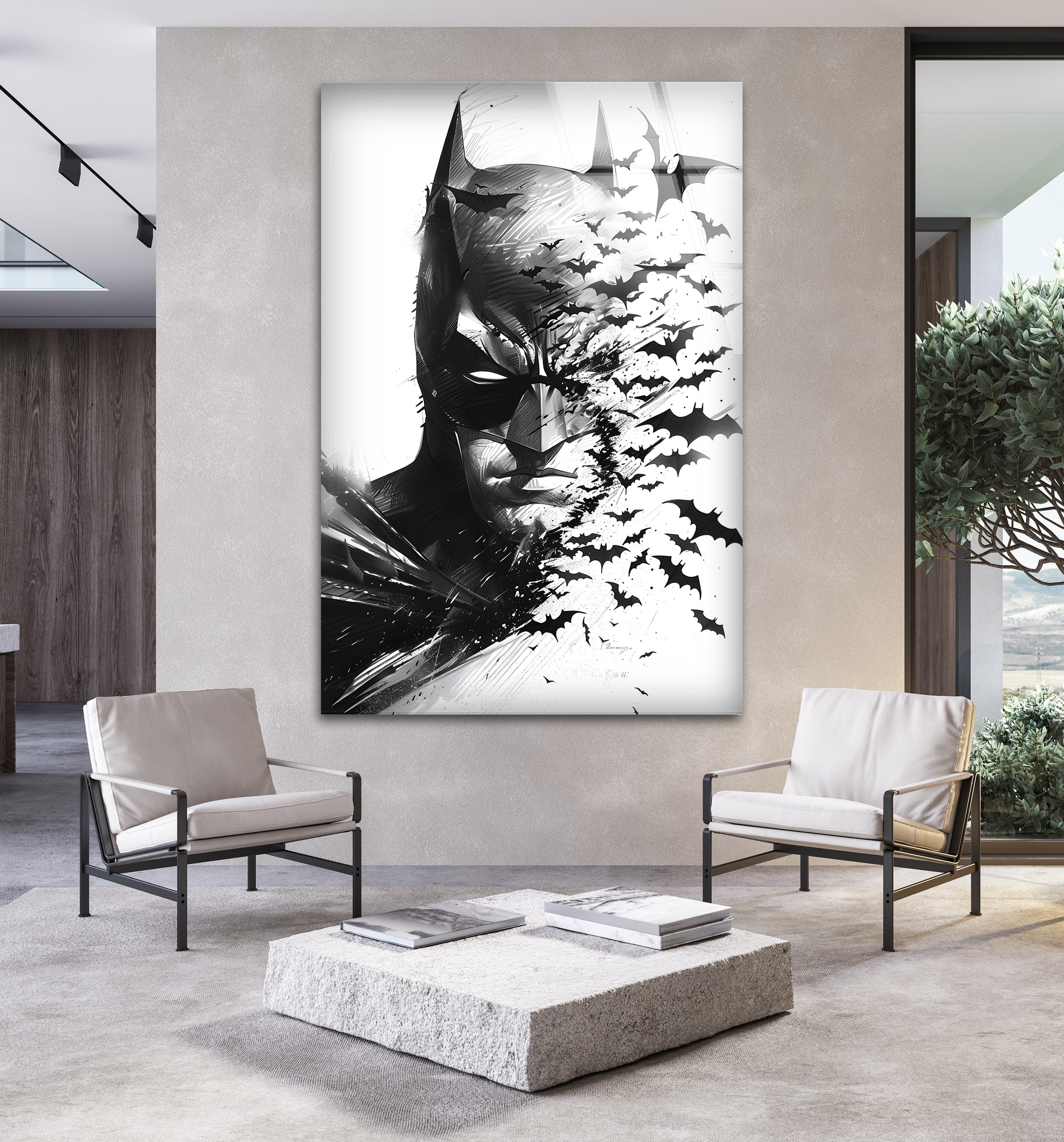 Batman Black and White Portrait Wall Art - Gothic Superhero Decor with Bats on Glass - Perfect for Man Cave, Home Theater & Superhero Bedroom Decor