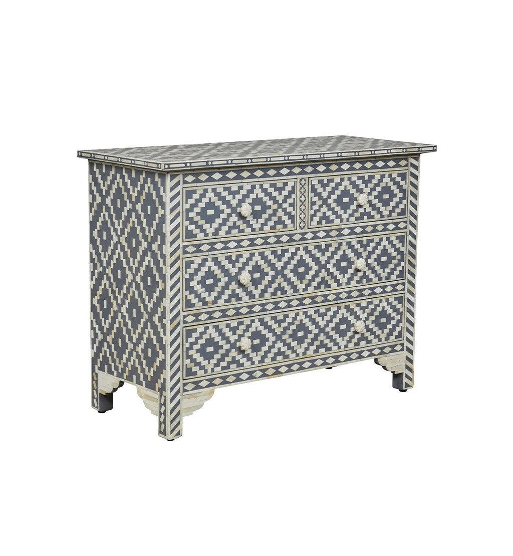 Handmade Bone Inlay Dresser with 4 Drawers - Geometric Diamond Pattern in Elegant Grey - Perfect for Bedroom, Living Room or Office Storage