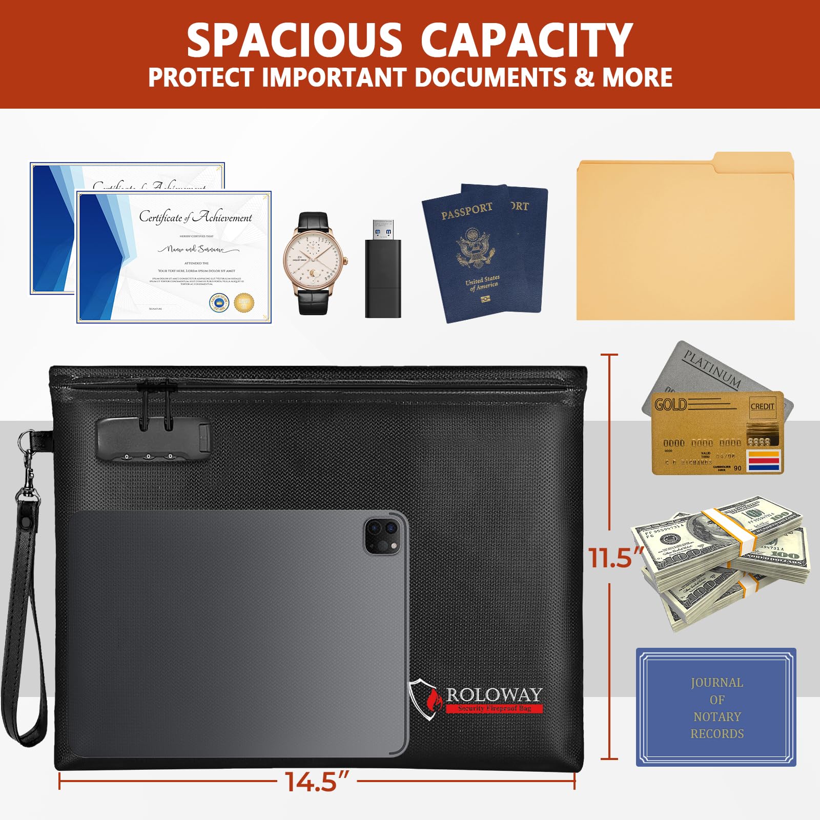 ROLOWAY Fireproof Document Bag 14.5 x 11.5 Inch - 6400℉ Fireproof Money Pouch with Zipper & Lock - Waterproof & Smell Proof Cash Bag for Bankers, Travel & Home Security - Black Fire Safe Storage Solution for Important Documents, Passports & Valuables