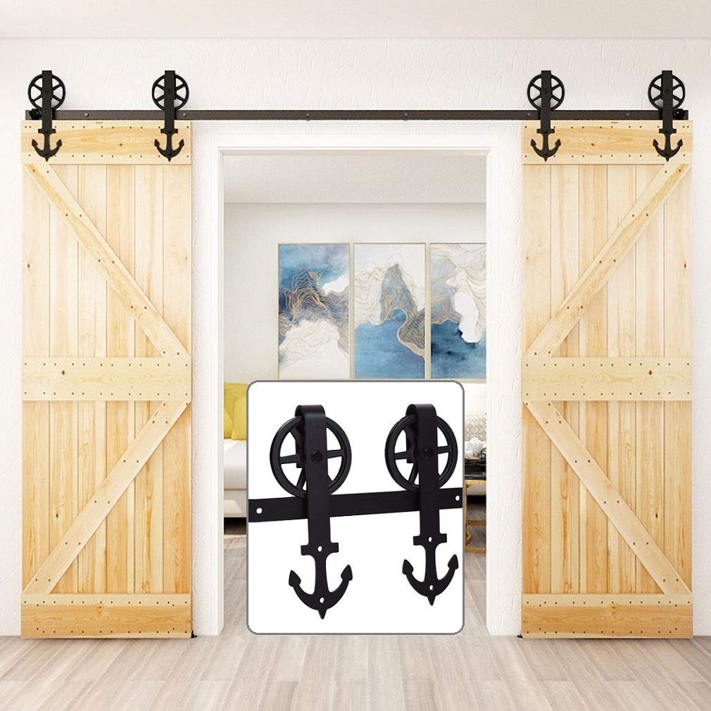 CCJH 8FT Heavy Duty Sliding Barn Door Hardware Kit - Smooth & Quiet Roller System, Easy Installation for Double Doors up to 24
