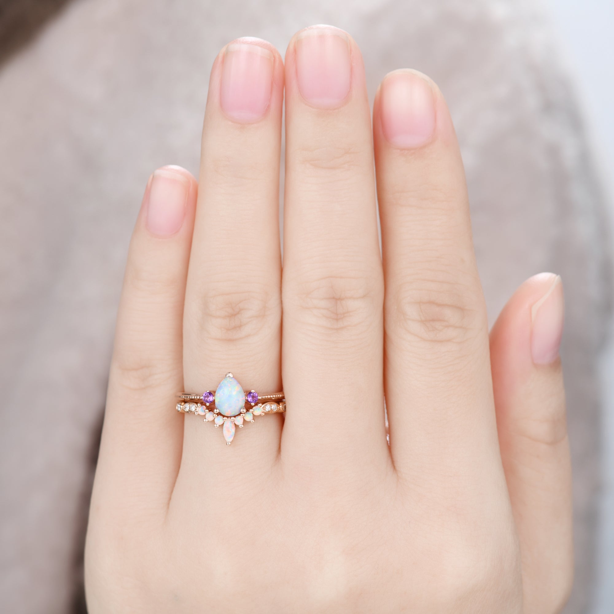 Exquisite Pear Opal Engagement Ring Set in Rose Gold with Amethyst Accents - Perfect for Wedding, Proposal & Anniversary Gifts