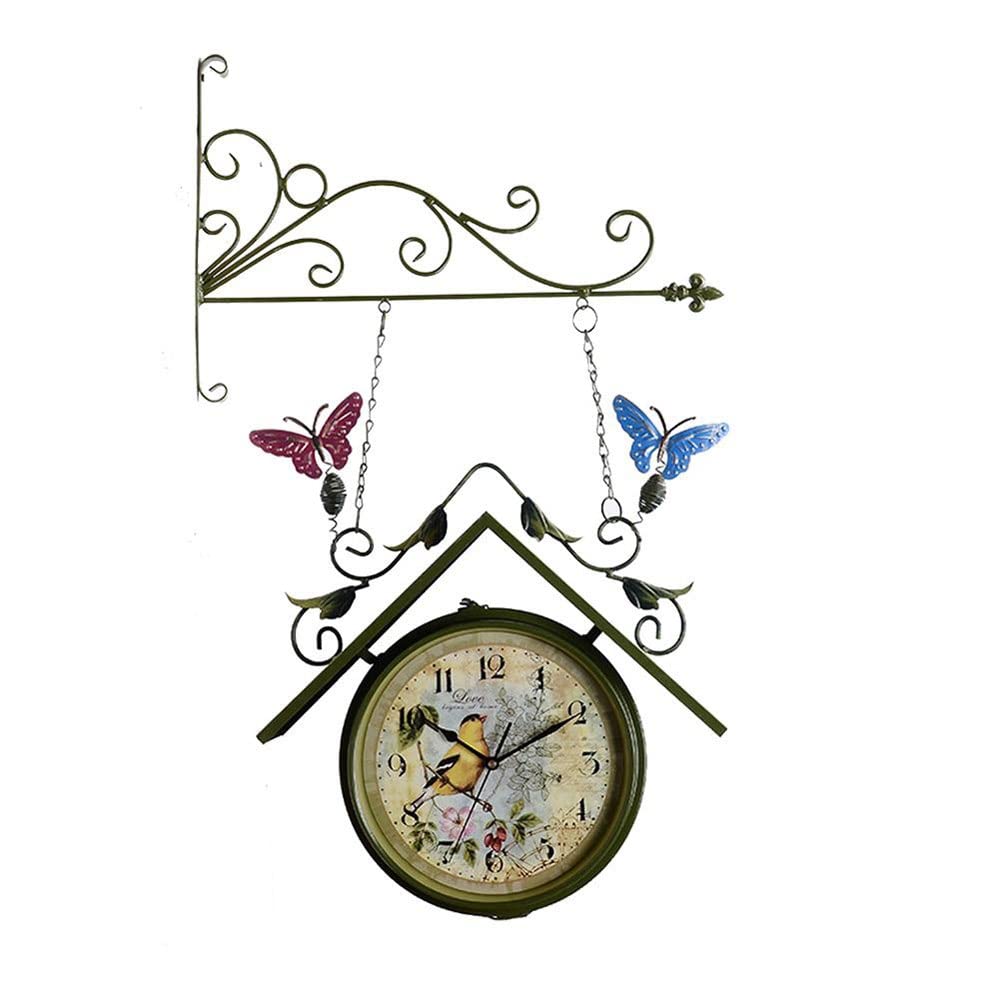 Vintage Double-Sided Hanging Wall Clock - Indoor/Outdoor Station Clock with Bracket Mount for Home, Garden & Patio Decor | Retro Style Home & Office Timepiece (Color: Black)