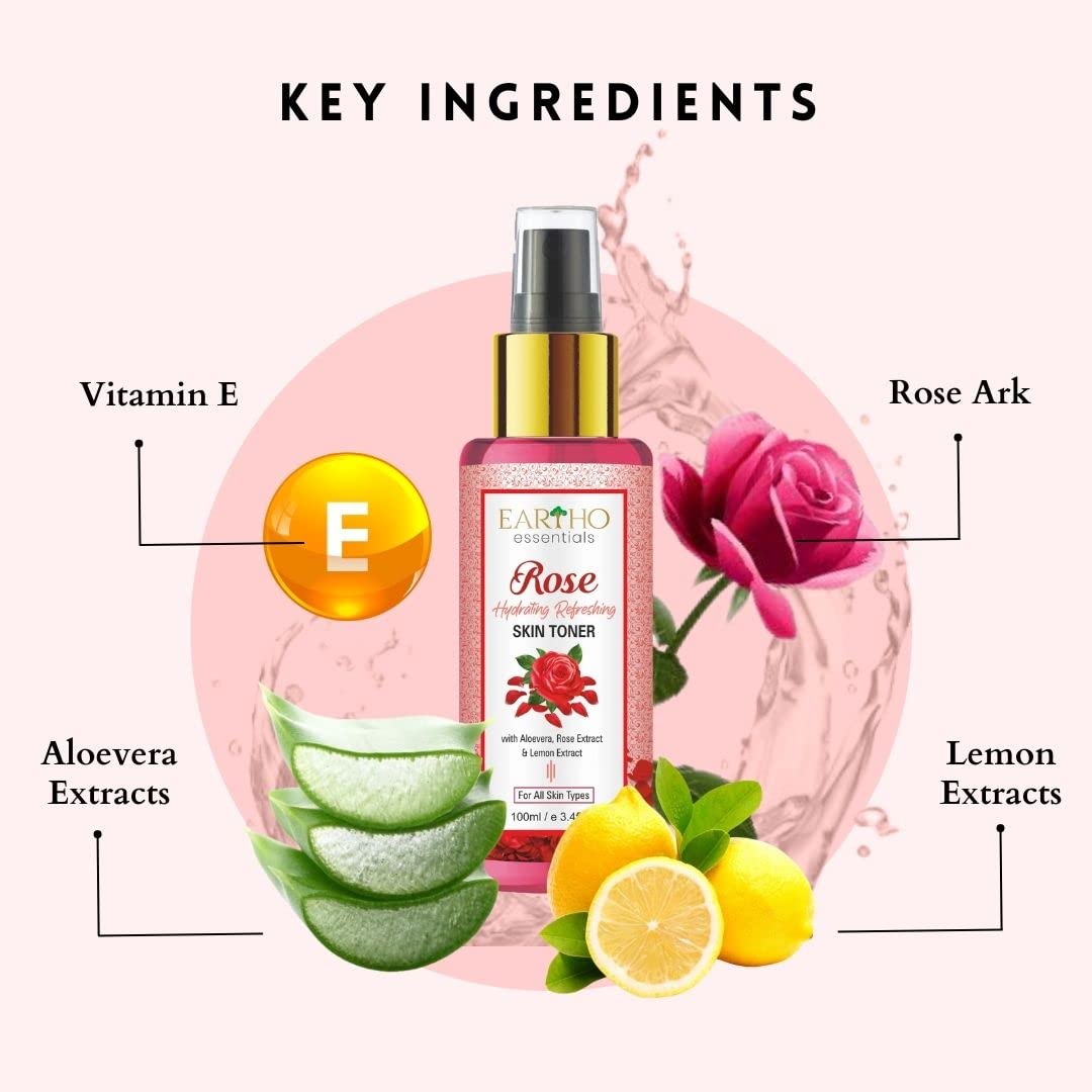 Eartho Essentials Rose Hydrating & Refreshing Facial Toner with Rose Ark, Aloe Vera & Lemon Extract - 100ml for Dry & Sensitive Skin | Daily Skincare Routine, Post-Cleansing Hydration, Makeup Prep