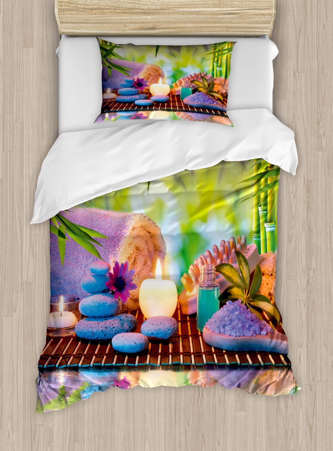 Ambesonne Spa Themed Duvet Cover Set - 2 Pack Cal King Size with 2 Pillowcases, Eastern Folk Relaxation Botanical Tree Print in Multicolor | Luxury Bedding for Spa Retreats, Meditation Rooms & Cozy Bedrooms