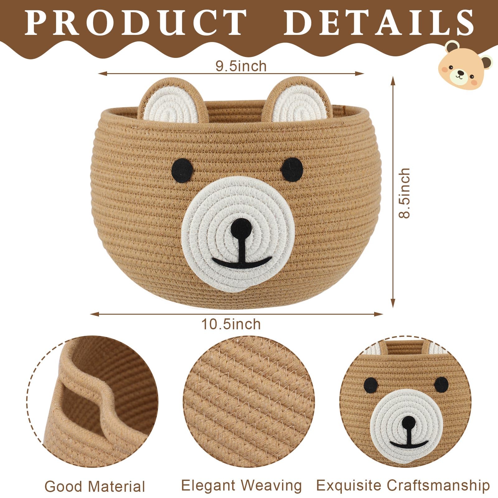 Cute Bear Toy Storage Basket Set of 6 - 10.5 x 8.5 Inch Round Cotton Rope Nursery Organizer, Woven Wicker Hamper for Toys, Blankets & Towels (White, Khaki, Dark Gray) - Perfect for Kids' Room, Playroom & Baby Shower Gifts
