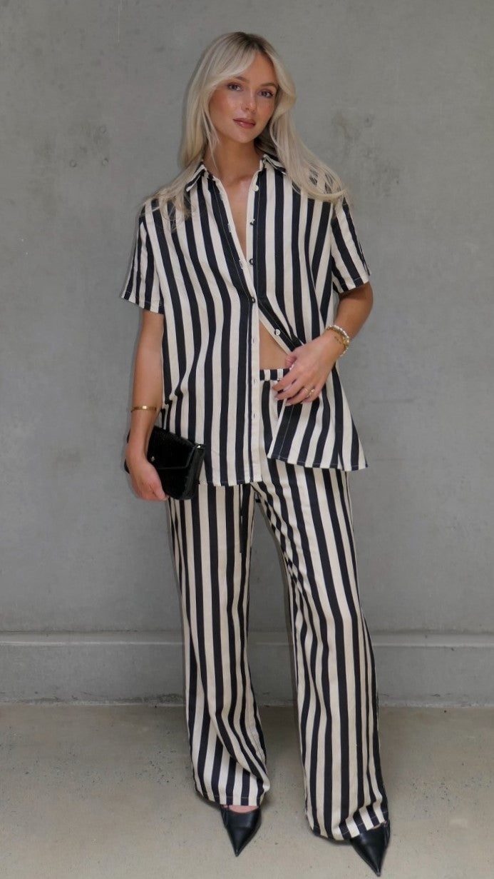 Josie Pants for Women - Black & Beige Striped High-Waisted Trousers | Comfortable Office Wear & Casual Outfits