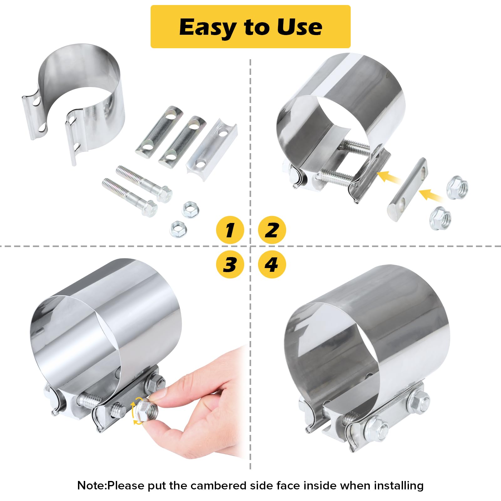 2.5 Inch Stainless Steel Exhaust Clamps (2 Pack) - Heavy Duty Lap Joint Band Clamps for Muffler & Exhaust Pipe Connections - Perfect for Automotive Repair & Custom Exhaust Systems