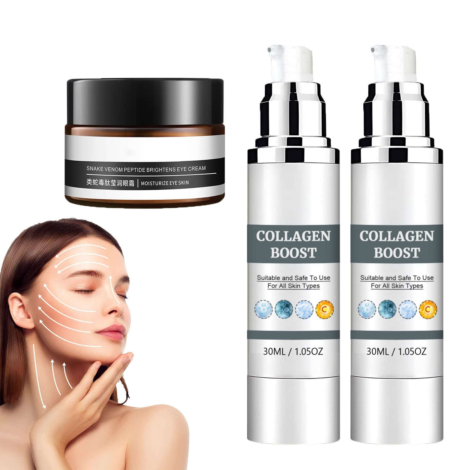 Jaysuing Collagen Boost Anti-Aging Essence & Eye Cream Set - Hyaluronic Acid Serum for Wrinkles, Fine Lines & Firming Skin (2 Essences + 1 Eye Cream) | Daily Skincare Routine, Night Repair, Youthful Glow