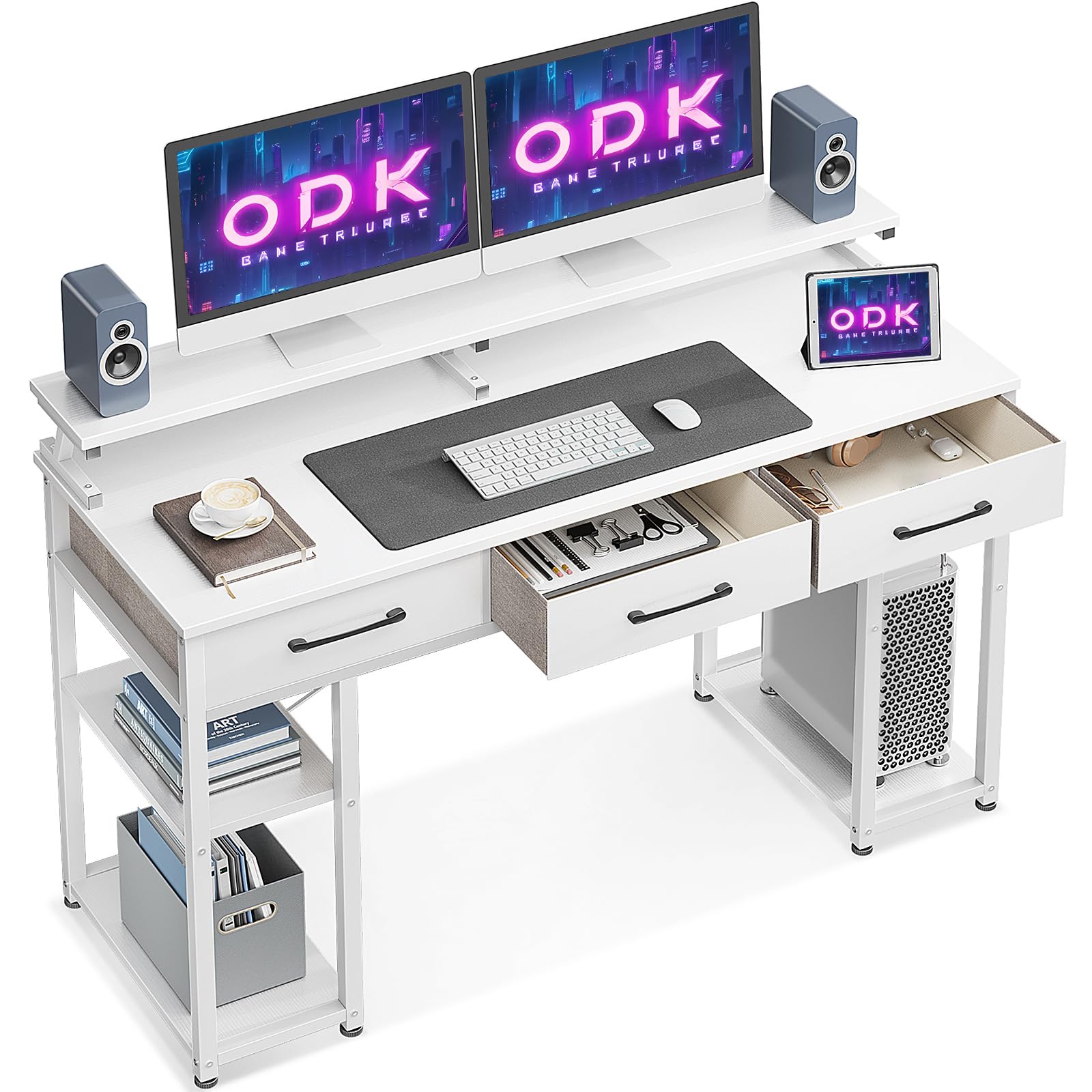 ODK 3-Drawer Reversible Desk, Computer Table with Monitor Stand, Home Office Workstation (120x50x90cm, White) - Perfect for Small Spaces, Remote Work & Study