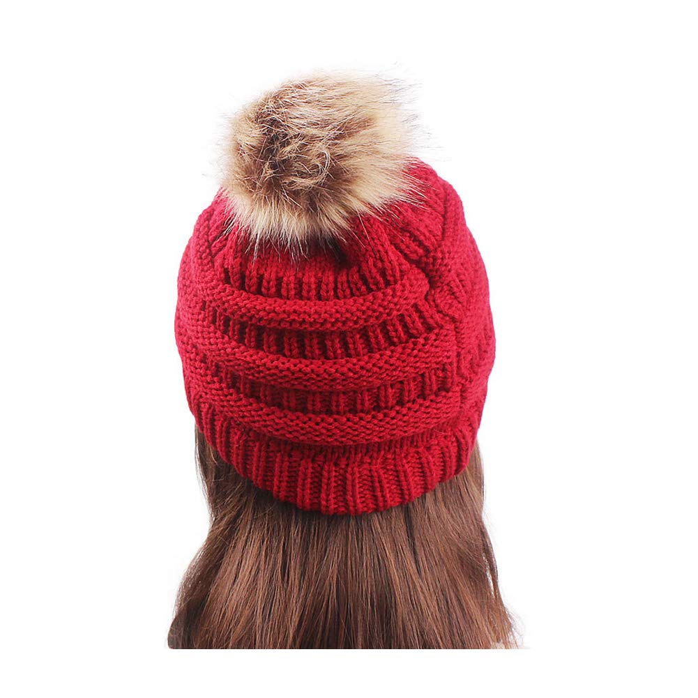 Soft Stretch Cable Knit Ribbed Faux Fur Pom Pom Beanie Hat - Warm Winter Knit Hat for Women & Men - Perfect for Skiing, Snowboarding & Outdoor Activities