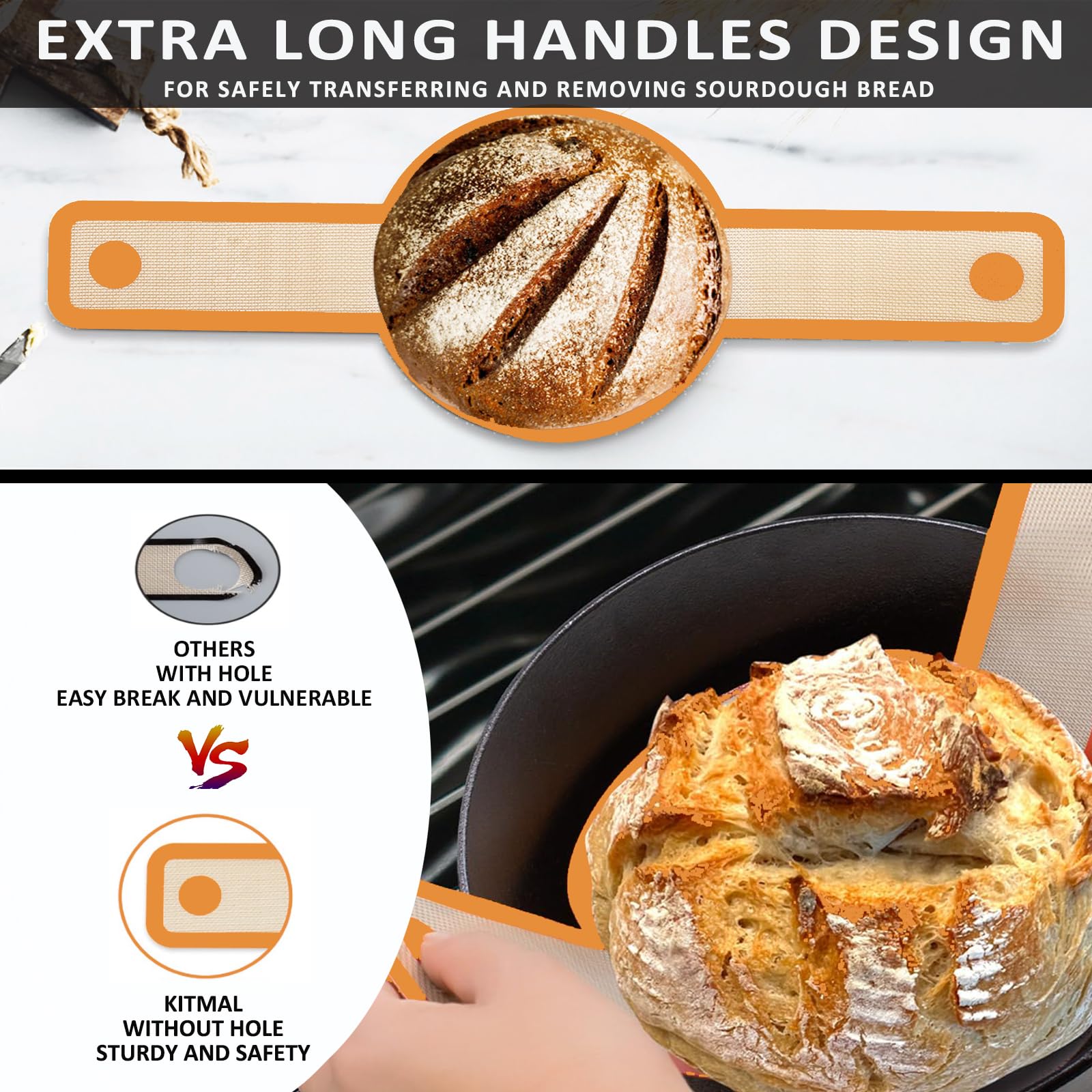 Non-Stick Silicone Bread Sling for Dutch Oven - Oval & Round Reusable Baking Mat with Long Handles - Perfect for Sourdough Bread Making & Artisan Baking - KITMAL Orange Bread Baking Supplies