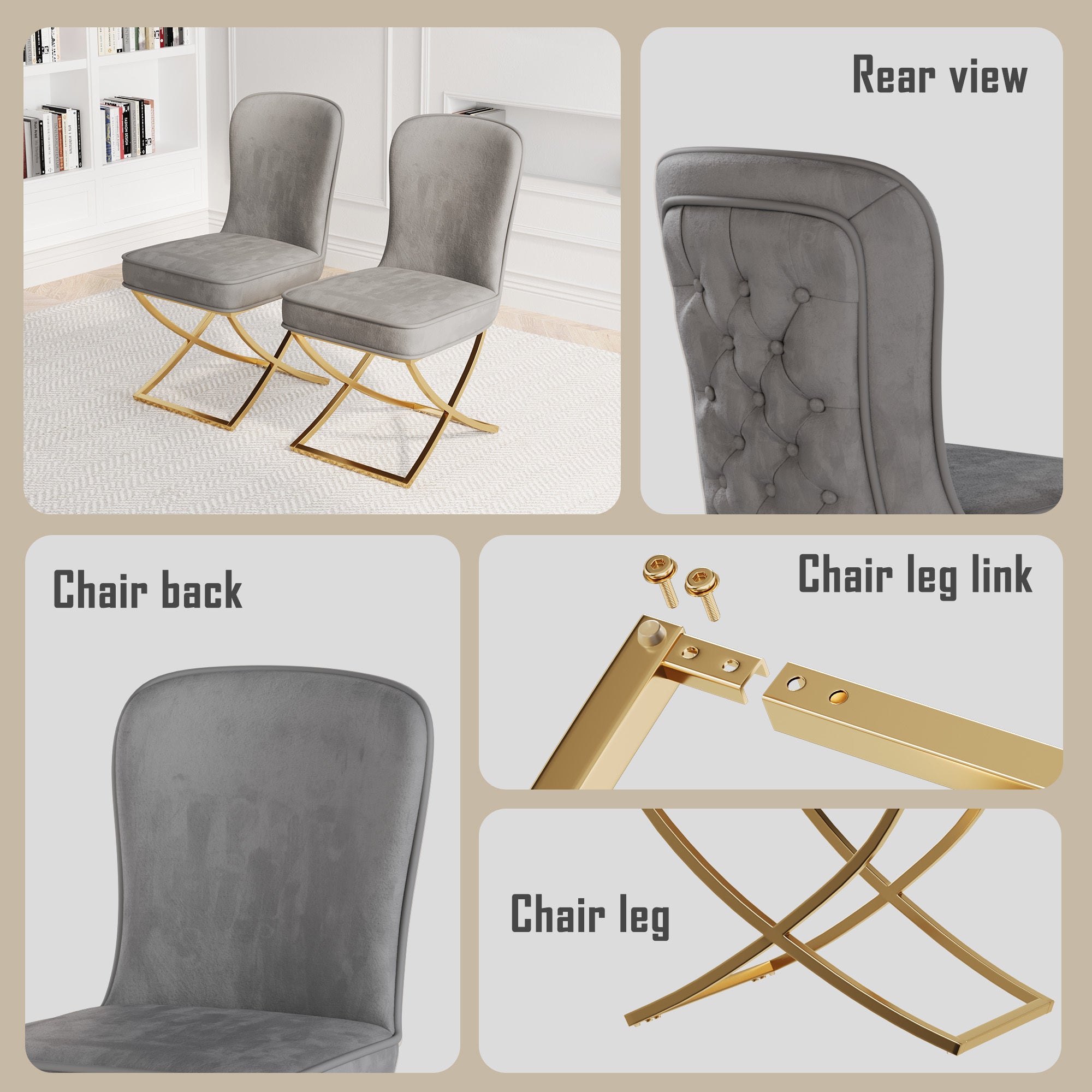 4-Piece Grey Velvet Dining Chair Set with Golden Metal Legs - Modern Kitchen, Living Room, Office & Leisure Chairs for Home Decor