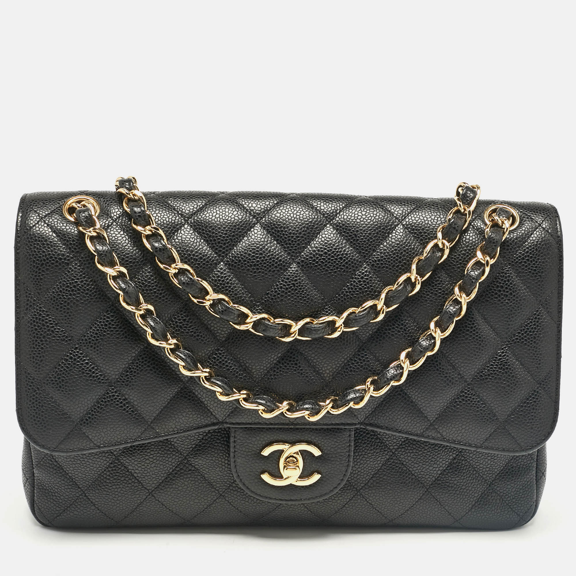Luxury Black Caviar Leather Jumbo Classic Double Flap Handbag - Timeless Designer Shoulder Bag for Women, Perfect for Work, Evening Events & Special Occasions