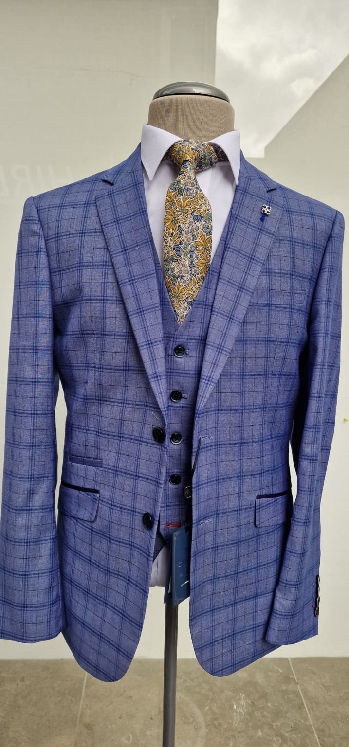 Cavani Tamara Blue Check Tailored Fit 3 Piece Suit for Men - Size 36R Jacket with 32R Trousers | Formal Business Attire, Wedding & Special Occasion Outfit