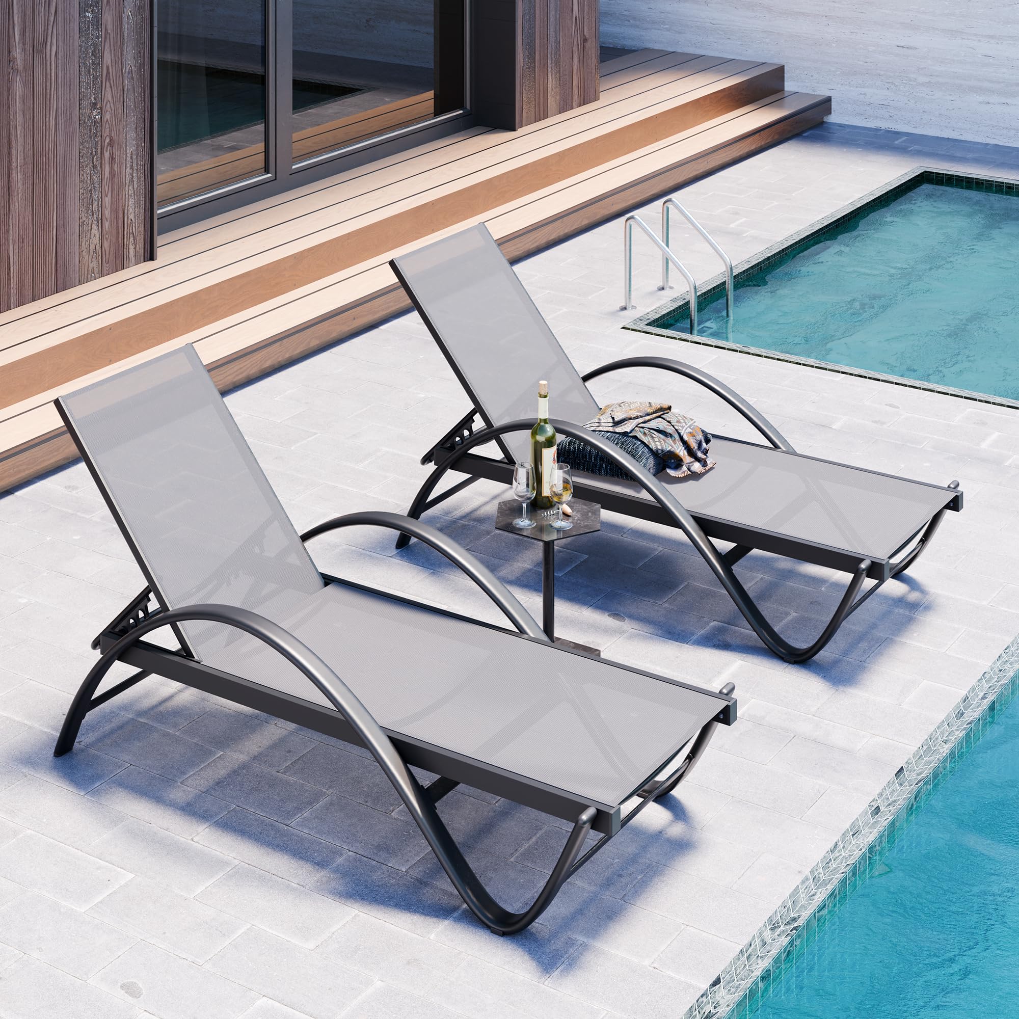 SUNLEI 2-Piece Outdoor Lounge Chair Set with Adjustable Backrest, S-Shaped Armrest & Durable Textilene Fabric - Light Grey Patio Chaise Lounges for Poolside, Garden, Deck or Backyard Relaxation