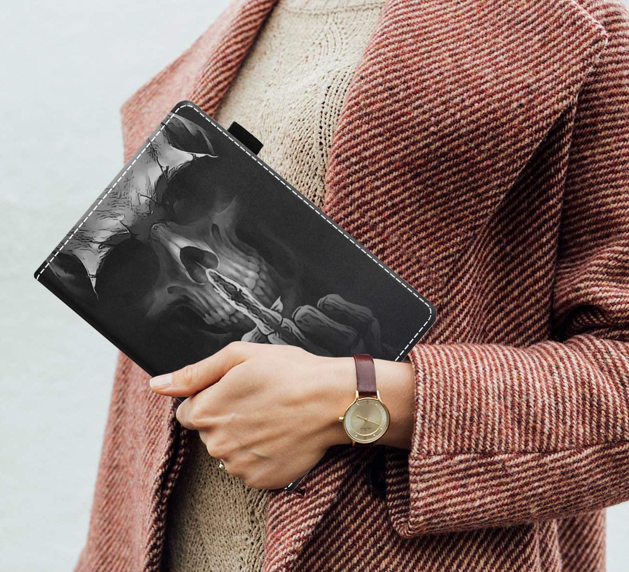 Premium PU Leather Case for Amazon Fire HD 10 Tablet 10.1 Inch (9th/7th Gen 2019/2017) - Slim Protective Cover with Card Slot & Pencil Holder - Funny Skeleton Skull Design - Perfect for Work, School & Travel