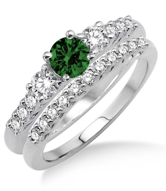 1.5 Carat Emerald Trilogy Bridal Ring Set in 10k White Gold - Elegant Wedding & Engagement Jewelry for Brides, Anniversary Gift Idea